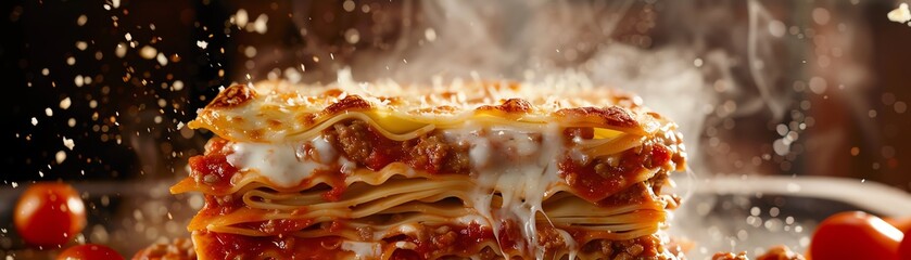 Lasagna, layers of pasta, cheese, and meat sauce, bubbling hot, rustic Italian kitchen setting