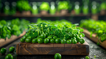 Wall Mural - A wooden board with a bunch of green peas on it. The peas are scattered around the board, with some of them closer to the edge. Concept of abundance and freshness