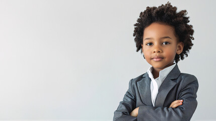 A cute, happy and confidence young African American black boy dresses like a businessman on a plain white background with copy space for text.