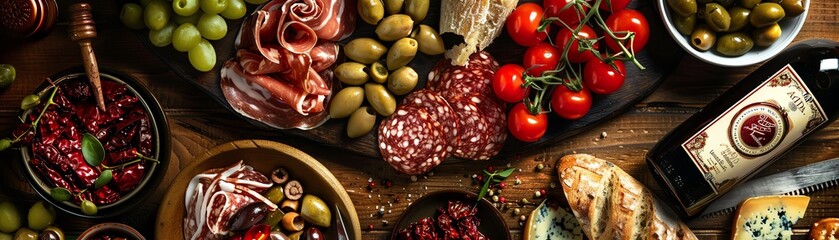 Platter of Italian antipasti featuring cured meats, cheeses, and olives, overhead shot with a bottle of Chianti, traditional Tuscan vineyard in the distance