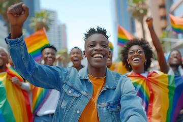 Wall Mural - Group of diverse people celebrating at a pride parade, vibrant display of colors and joy.
