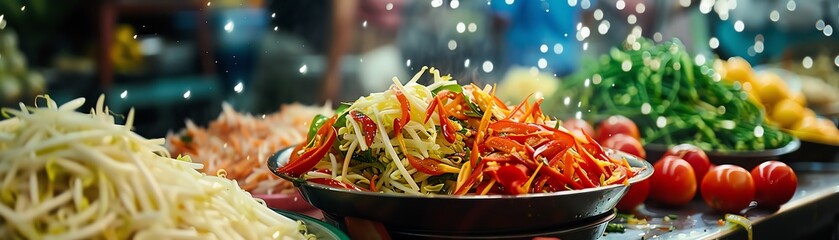 Wall Mural - Som Tam, spicy green papaya salad, vibrant ingredients displayed before preparation, bustling Bangkok street scene