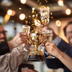 Poster - New win award trophy of Victorious business team in office environment, holding aloft a gleaming gold trophy, colleagues cheering and applauding in blurred background.