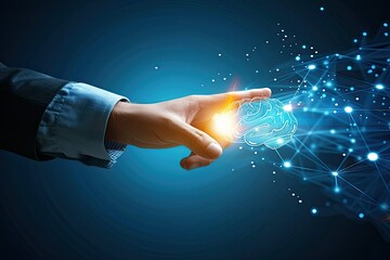 index finger of businessman touching a glowing brain and network connection on blue background 