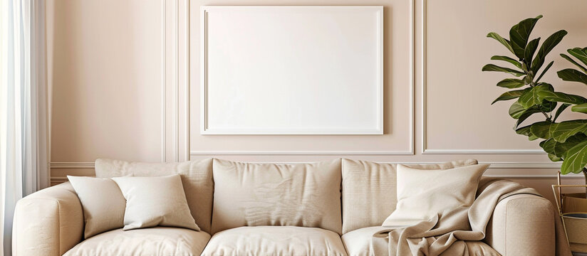 A cozy living room featuring a soft beige sofa and a pristine white frame on the wall, exuding comfort and warmth.