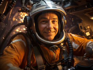 Aufkleber - A smiling astronaut in a space suit against a spacecraft background, capturing the concept of space exploration. Generative AI