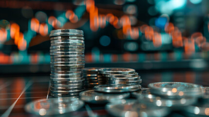 Wall Mural - Close-up of a stack of silver coins with trading charts in the background. Growth, investment and business concept.