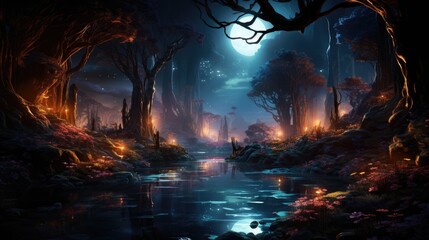Wall Mural - Mystical magical forest at night with glowing lights