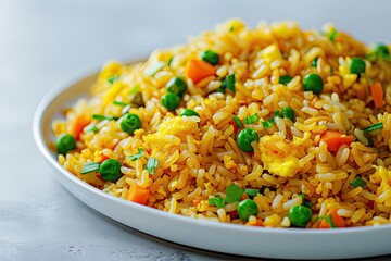 A plate of vibrant fried rice mixed with peas, carrots, and green onions, offering a delicious and colorful meal.