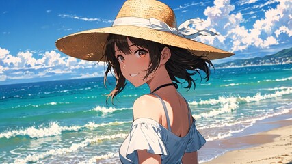 Cute women wearing a straw hat with a beach background. Cartoon anime drawing.