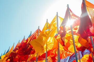 Wall Mural - Burst of pride flags in a celebration parade, vibrant colors against a sunny sky, symbol of community and diversity.