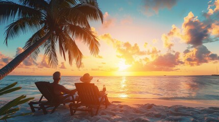 couple relaxing on tropical beach at sunset in hotel