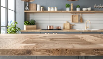 Empty beautiful wood tabletop counter on interior in clean and bright kitchen background, Ready for display product, high resolution