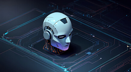 Wall Mural - An Artificial intelligence chat bot head placed on a processing circuit in isometric view and dark background with copy space, abstract 3d illustration style
