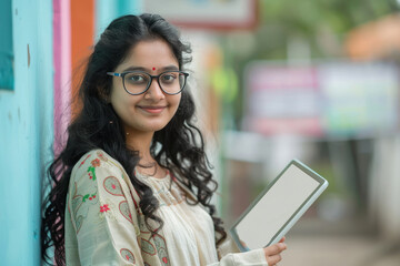 young beautiful indian woman holding tablet