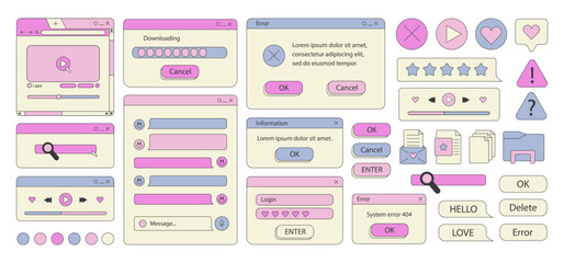 Poster - Big set of retro vaporwave desktop browser and dialog window templates. 80s 90s old computer user interface elements and vintage aesthetic icons. Nostalgic retro operating system. Vector illustration.