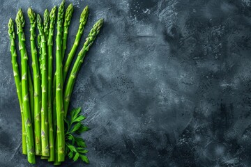 Wall Mural - Banner top view fresh green asparagus stalks on dark background, copy space