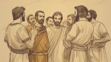 Wall Mural - Genesis 45 Biblical Illustration: Joseph's Revelation, Brothers' Reconciliation, Invitation to Jacob - Beige Background with Copyspace for Inspirational Use