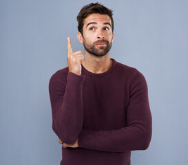 Aufkleber - Solution, thinking and man with ideas, choice and problem solving on grey studio background. Person, model and guy with wonder, planning and thoughts with questions, inspiration and emoji with why
