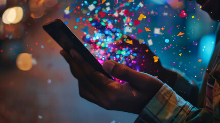 Wall Mural - A man is holding a cell phone in his hand, and the screen is illuminated with colorful confetti. Holiday and spam concept.