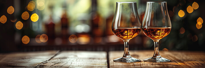 Wall Mural - two glasses of brandy, whisky on wooden table with bottle in background, with empty copy space	
