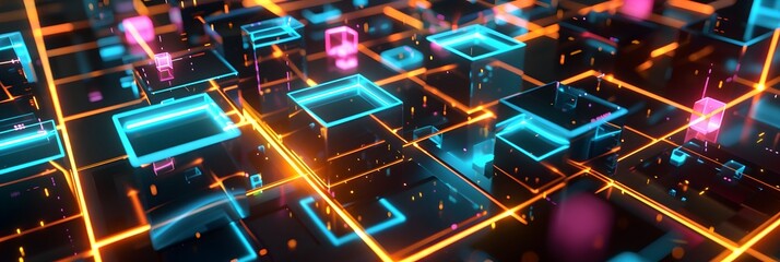 Poster - Abstract background with neon cubes on black, glowing geometric shapes forming an intricate pattern, perfect for digital and technologythemed designs
