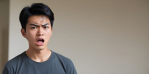 Canvas Print - A handsome Asian man angrily shouts, mouth open.