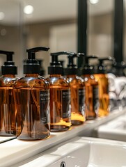 Poster - Close-up of elegant amber bottles of shampoo and conditioner lined up on a bathroom shelf. Generative AI
