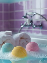 Leinwandbilder - Close-up of colorful bath bombs dissolving in a bathtub filled with foamy water. Generative AI