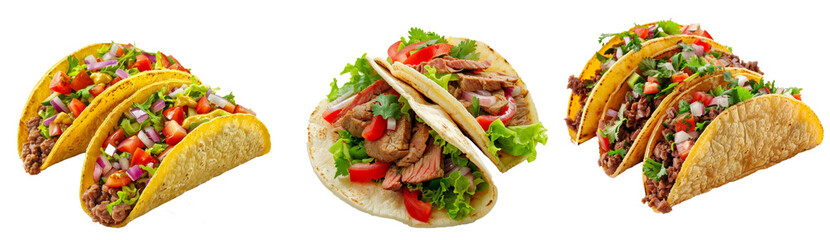 Poster - Meat and vegetables tacos, isolated on a white background.
