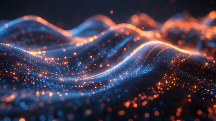 Abstract network wave and a glowing blue and orange particle data on dark background.
