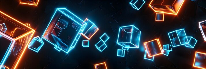 Poster - abstract cubes, black background, 3d render, blue and orange neon light, 
