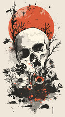 Wall Mural - Grunge illustration of human skull with flowers, leaves and tree