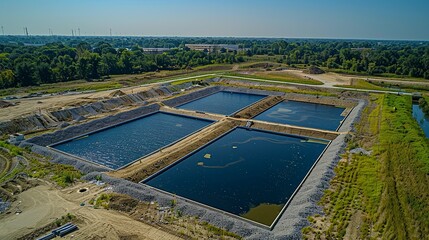 Wall Mural - An aerial view of a landfill site undergoing methane capture and conversion to renewable energy, showcasing waste-to-energy technologies.