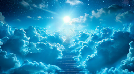 Poster - A stairway to heaven surrounded by clouds with sunlight peeking through, against a starry sky, symbolizing ascension or ethereal concepts. Generative AI