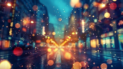 Wall Mural - Silent Night in the Urban Jungle: Surreal Illustration of a Deserted Intersection at Dawn with Bokeh Storefronts and Starry Skies