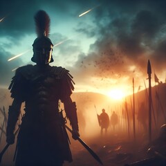 Roman soldier stands on the battlefield