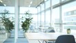 © Prompt2image - Beautiful blurred background of a light modern office interior with panoramic windows and beautiful lighting.