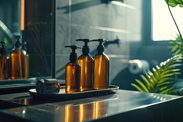 Poster - Three stylish amber bottles of shampoo and conditioner on a tray in a modern bathroom setting. Generative AI