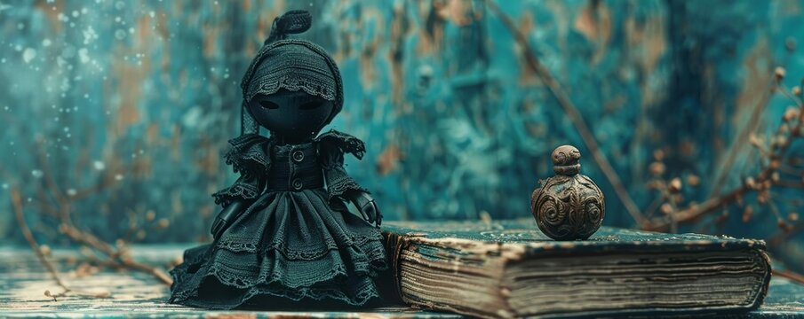 A gothic scene featuring a mystical poppet made of dark fabrics and arcane symbols, positioned against an ancient spell book