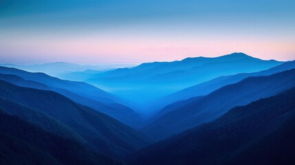 Wall Mural - A serene twilight scene in the Smoky Mountains, the hills and valleys bathed in a tranquil blue hue as the last light of day fades.