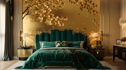 A glamorous bedroom featuring a 3D shimmering gold leaf design wall with a luxurious velvet emerald bed