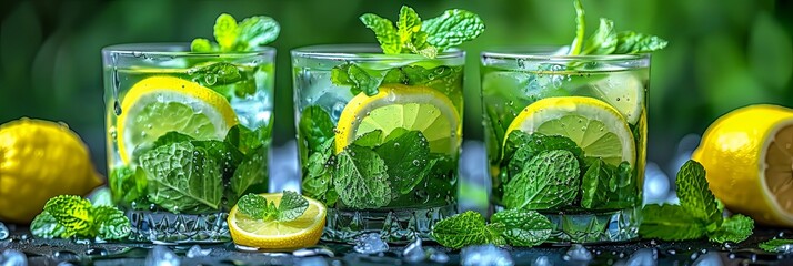Wall Mural - Three glasses of lemonade with mint leaves and a lemon wedge in the middle