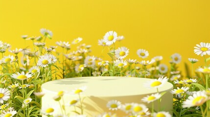 An abstract yellow room with a light cylindrical podium against a background of medicinal chamomile plants. A yellow stage with chamomiles for product presentation.