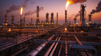 An immense oil refinery, with pipes and towering structures, flares light up the twilight sky mesmerizingly.