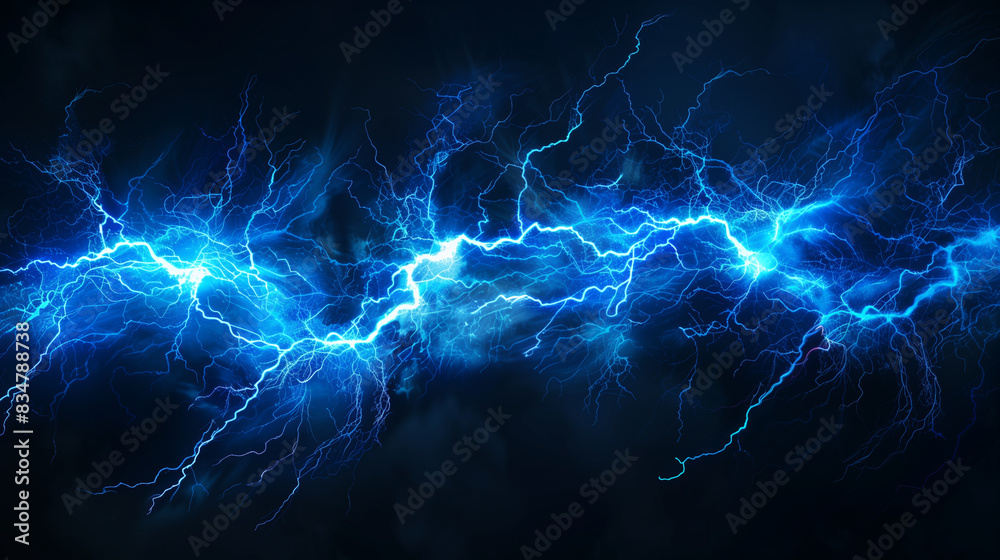 Lightning, electric thunderbolt strike of blue color during night storm ...