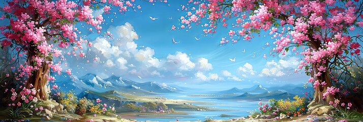 Wall Mural - A painting of a beautiful landscape with a blue sky and pink flowers
