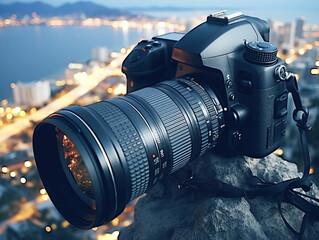 Poster - Professional camera with a zoom lens on blurred cityscape backdrop, capturing the concept of photography. Generative AI