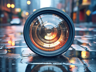 Poster - a camera lens on a wet urban street, realistic style, blurry city lights in the background, concept 