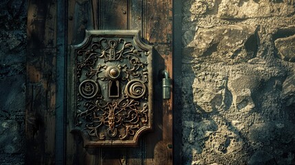 A book cover with a close-up of an ornate, ancient lock on a heavy wooden door, set against a shadowy stone wall, symbolizing hidden secrets or forbidden knowledge.